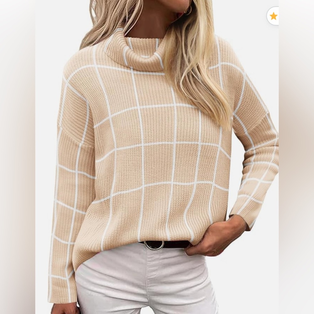 Zeagoo Womens XXL Grid Plaid High Low Turtleneck Sweater Cream Beige